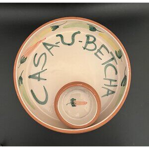 Casa U Betcha Chip and Dip Bowl Hand Painted One Piece Terracotta 9.5" Serving